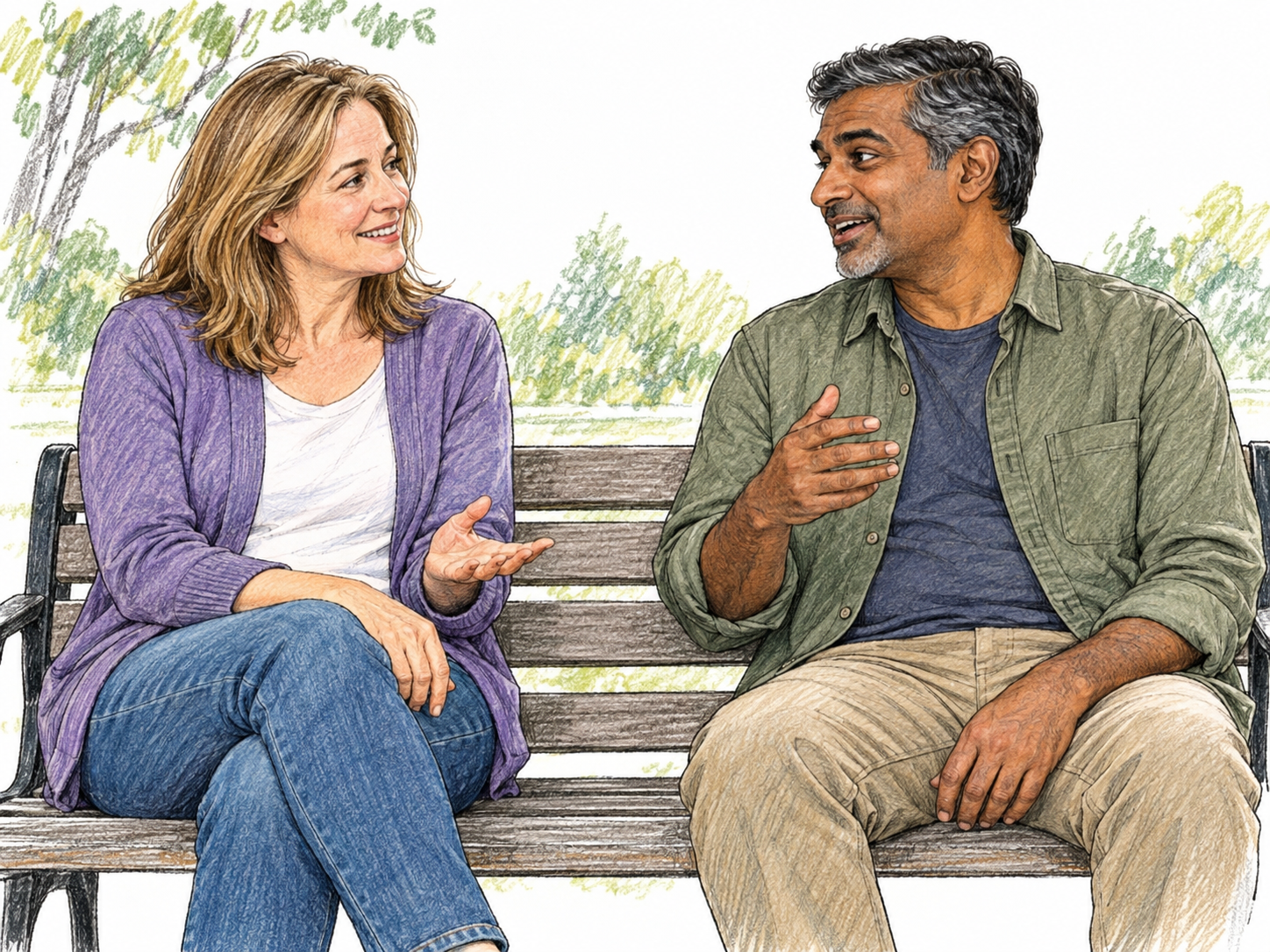 A woman on a park bench engages an adjacent man in relaxed, friendly conversation.