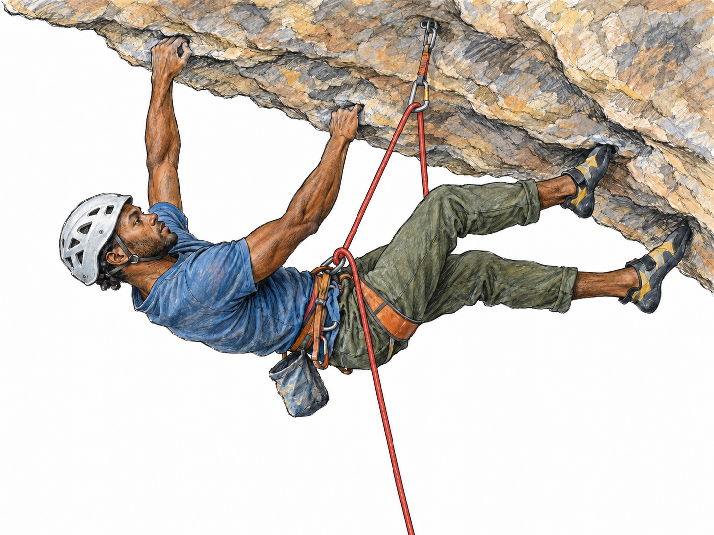 A climber tackling an exceptionally steep overhanging rock face, his body nearly horizontal beneath the ledge, makes extreme difficulty concrete.