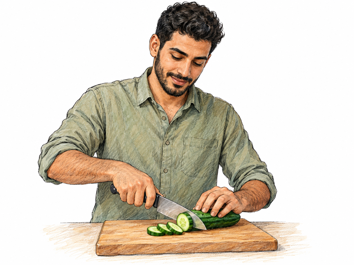 A young adult man slices a cucumber on a plain cutting board, with the knife visibly passing through it and a few separated slices beside it.