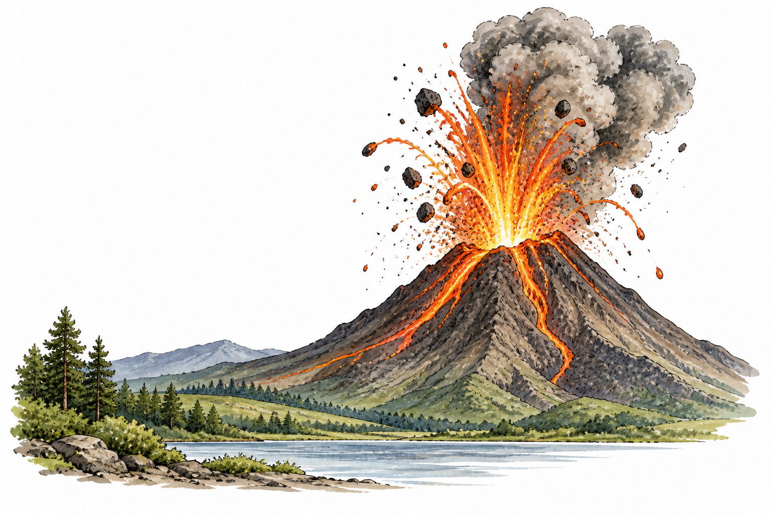 A volcano suddenly bursts lava and ash skyward, distant safe landscape, no victims.
