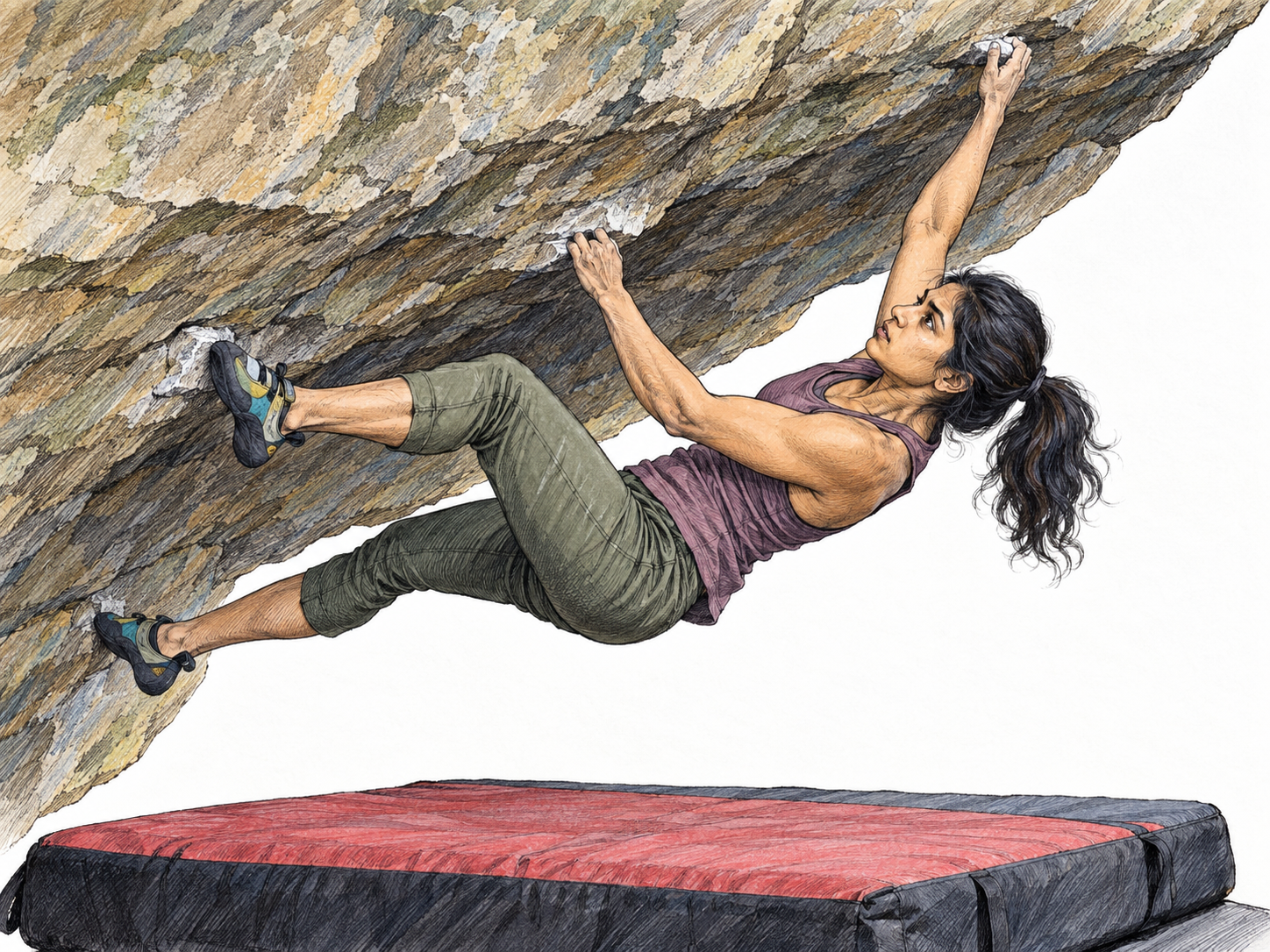 A climber tackles a difficult overhanging boulder, visibly straining to reach a distant handhold while maintaining precarious but credible footholds above a crash mat.