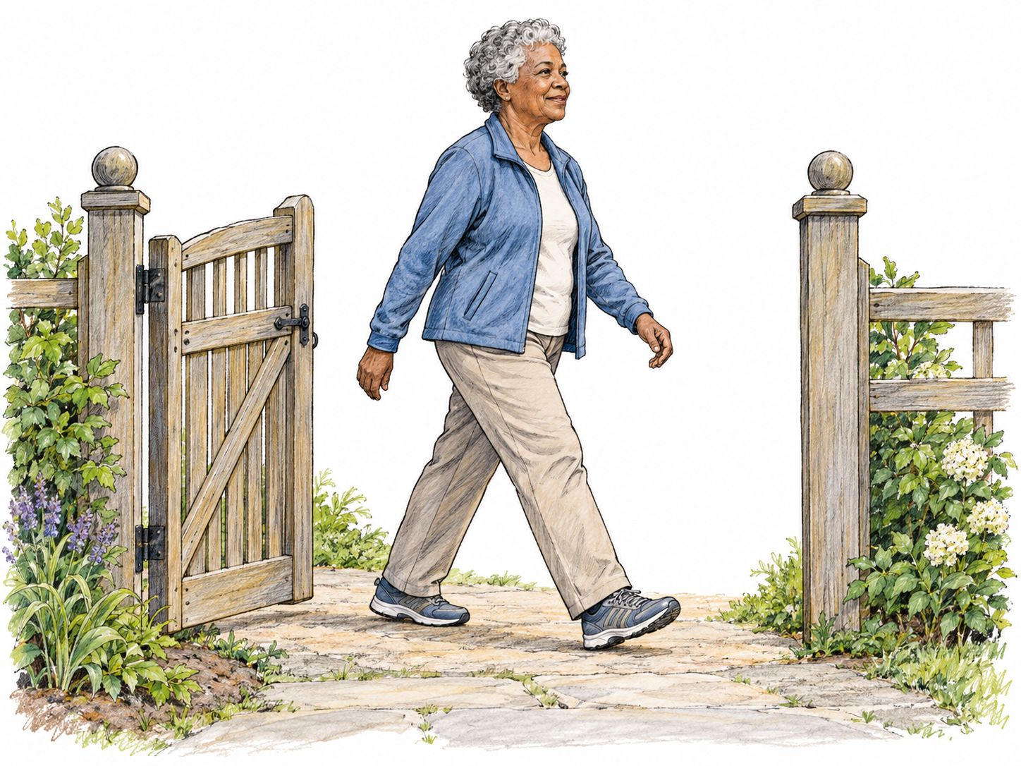 A woman strides through an open garden gate, with her leading foot beyond the threshold and her trailing foot still inside, making movement through an opening immediately visible.