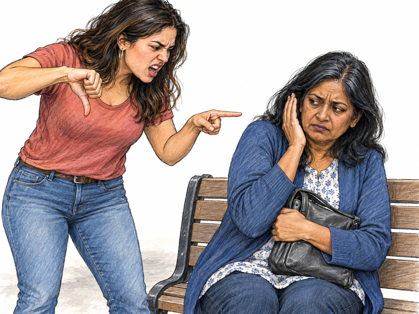 A contemptuous verbal attack aimed at a seated woman: the speaker leans toward her with an open shouting mouth, a sneer, an accusing finger aimed at her face, and a dismissive thumbs-down gesture.