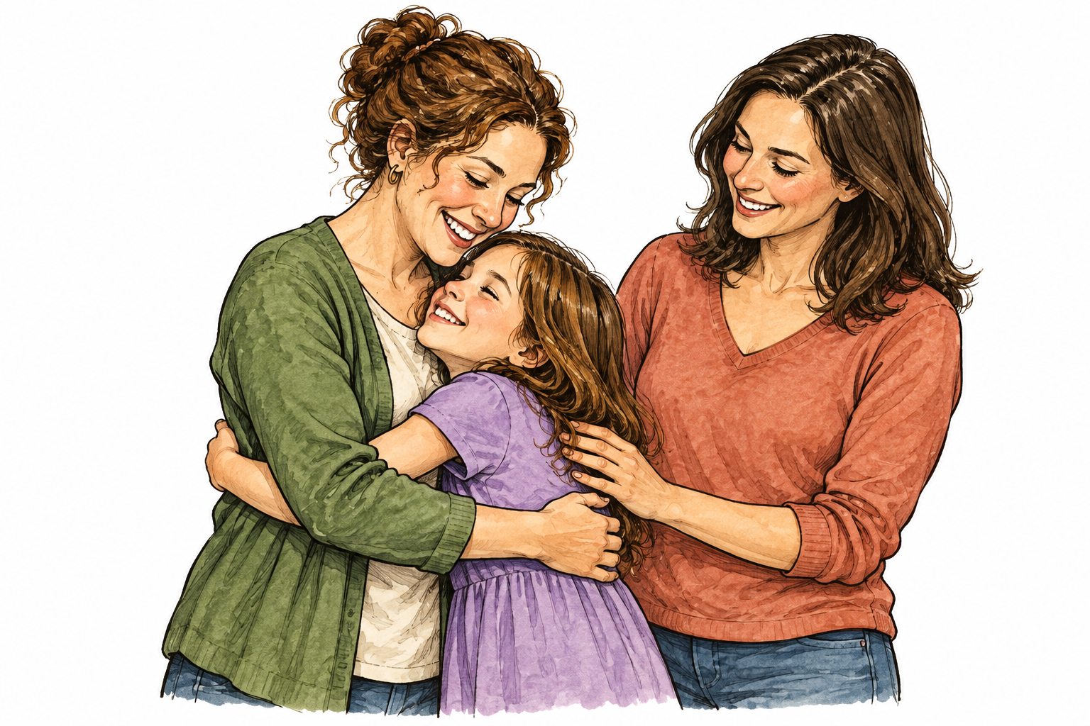 A child hugs her mother's sister while her mother smiles beside them, distinct adult women, warm family relation.