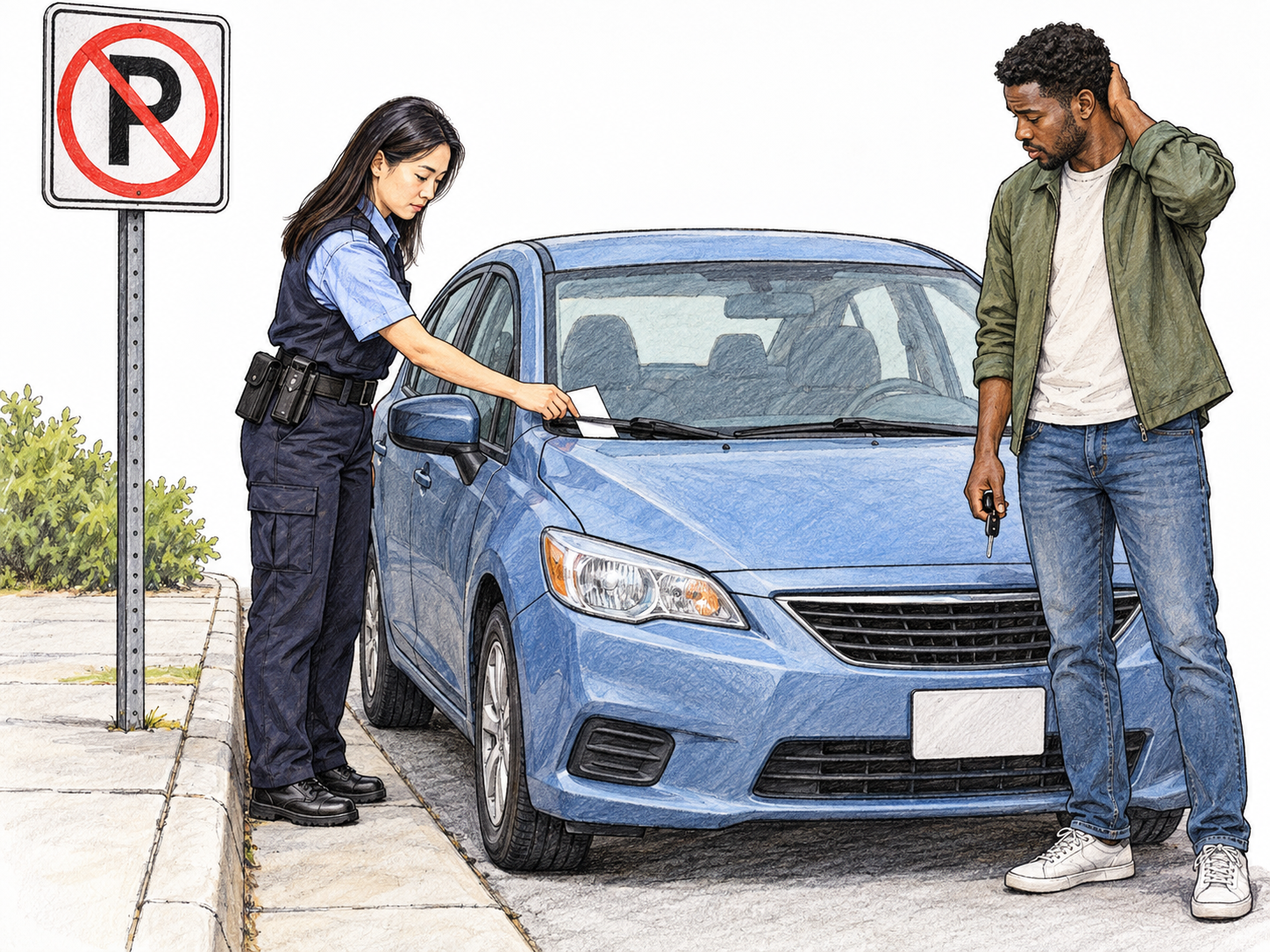 A parking officer places a small ticket beneath the wiper of a car parked directly beside a clearly visible no-parking sign, depicting a minor rule violation rather than a serious crime.