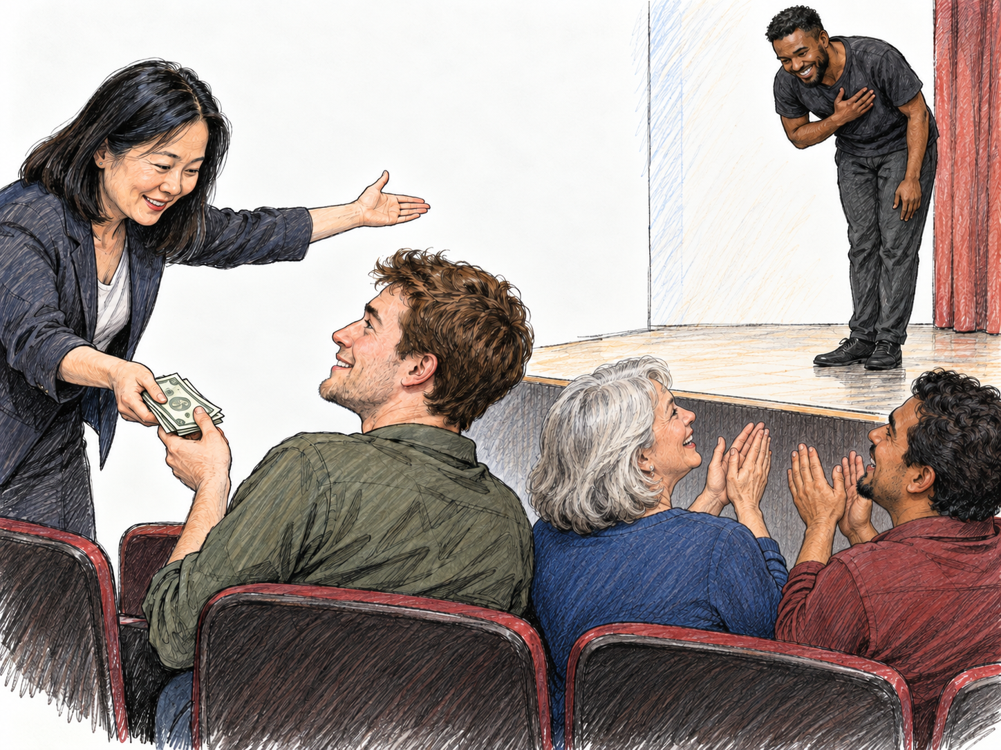 At the front of a small theater audience, a discreet organizer pays the leader of a conspicuously enthusiastic applause group while the other two members clap toward a bowing performer.