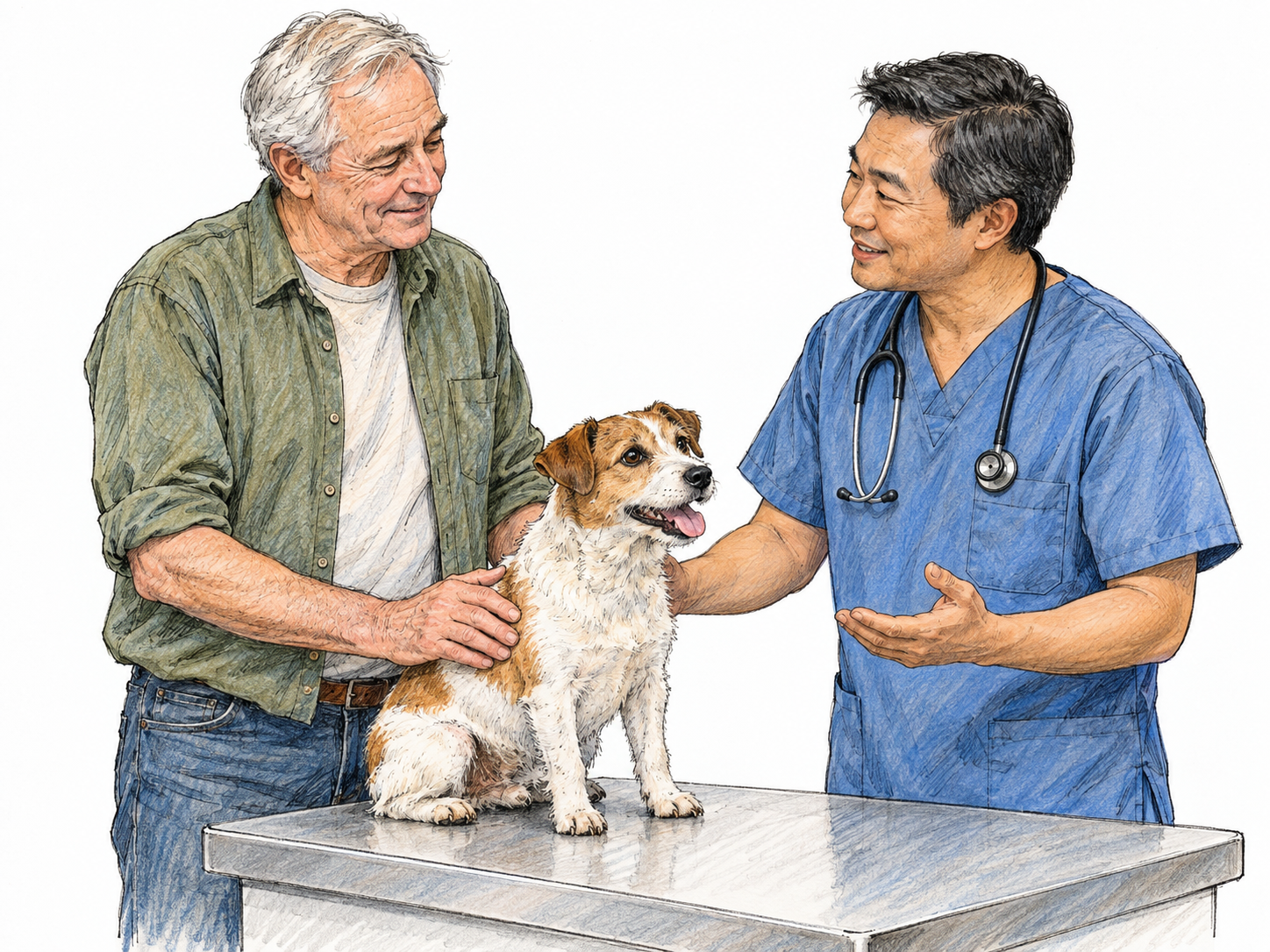 An older man’s worry eases as a veterinarian gently shows him that his pet dog is comfortable and alert after an examination.