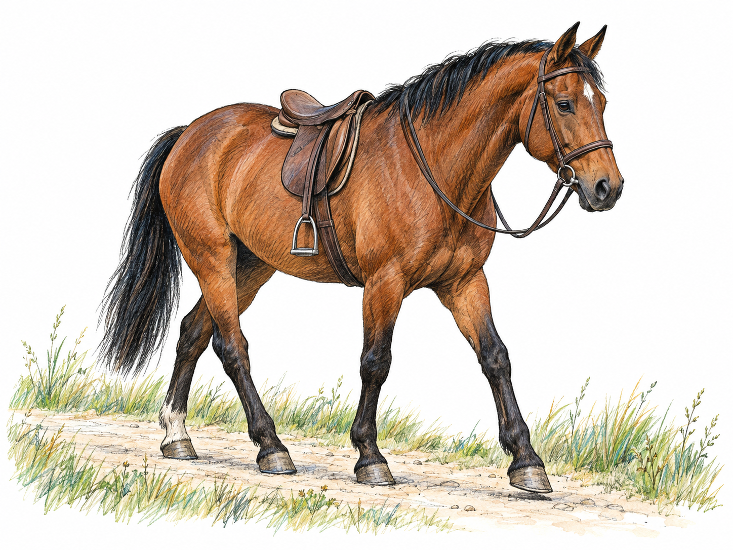 A calm, lightly saddled riding horse walking along a short stretch of country path, suggesting comfortable ordinary travel rather than racing, labor, or battle.