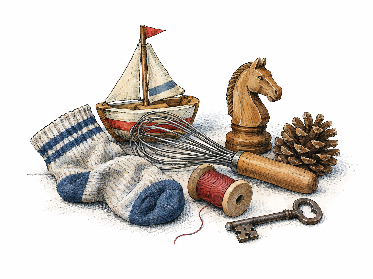 A confused heap of unrelated things together: a single sock, toy sailboat, kitchen whisk, wooden chess knight, pinecone, spool and old key, visibly jumbled rather than orderly.