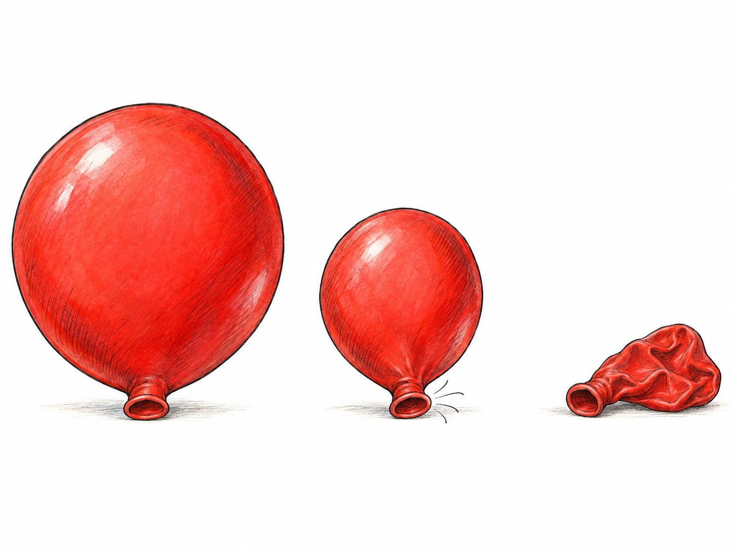 A text-free three-stage sequence shows the same inflated balloon releasing air and becoming progressively smaller.