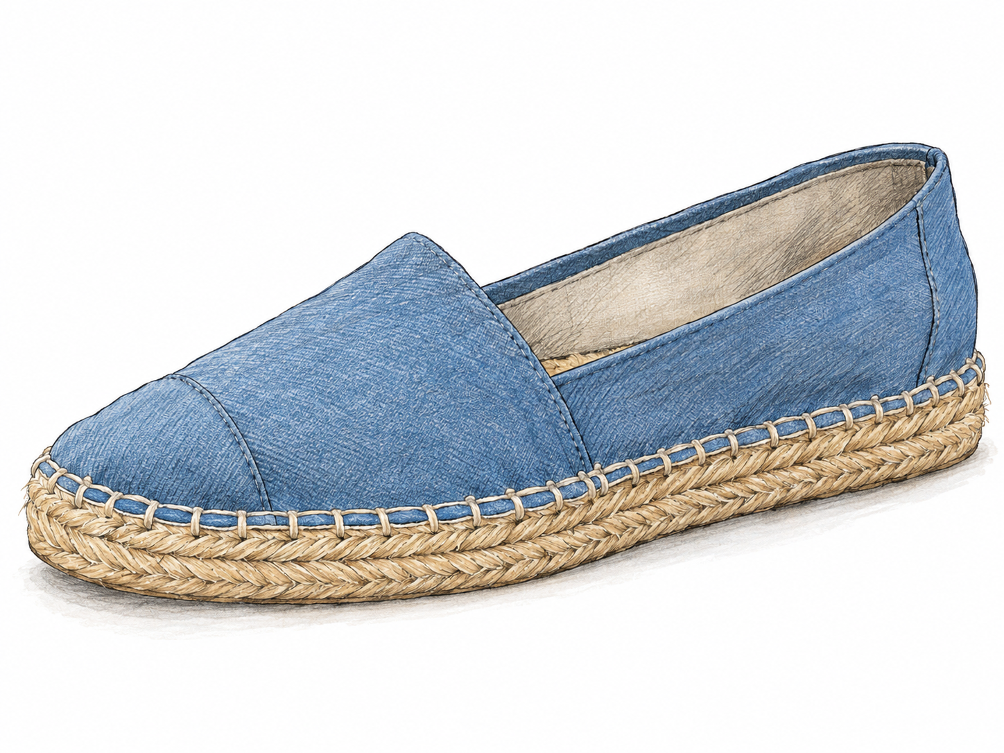 A single casual slip-on espadrille shown in three-quarter side view, clearly revealing its canvas upper and thick braided-rope sole.