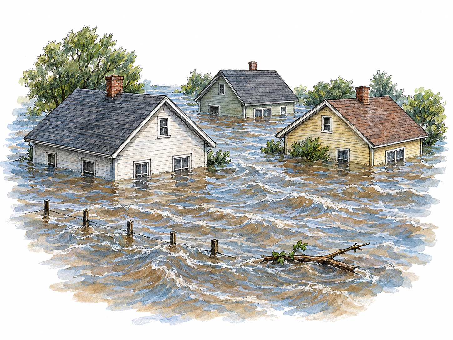 A severe flood submerges a small cluster of houses, with muddy water reaching their lower windows and only the tops of fence posts remaining visible.