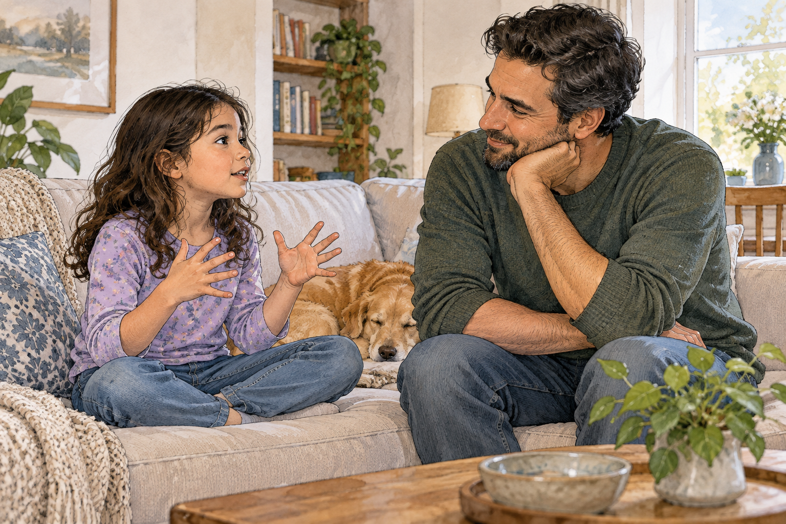 A child tells an earnest story to a parent who listens with a trusting nod and warm eye contact, neutral everyday domestic scene, no speech bubbles.