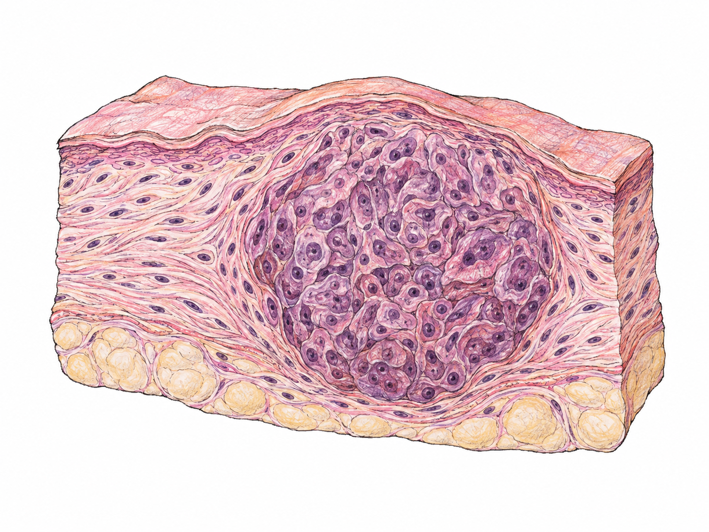 An isolated, non-gory cutaway of soft tissue containing a distinct abnormal mass, with densely crowded, irregular cells contrasting with the orderly surrounding tissue.