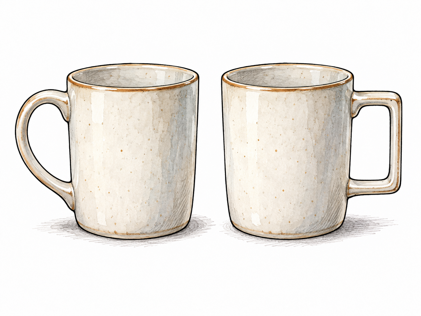Two otherwise identical mugs differ only in handle shape, both side by side, contrast clear without writing.