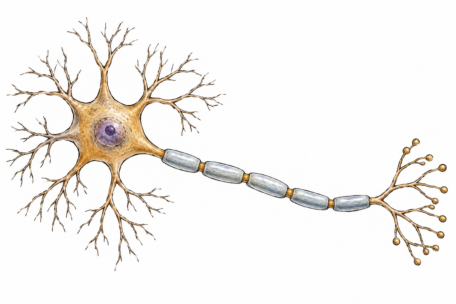One scientifically recognizable nerve cell: branching dendrites around a cell body, a single long segmented myelinated axon ending in terminal branches, no labels.