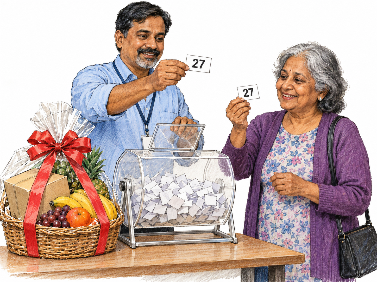 A raffle organizer draws a numbered ticket from a transparent drum of tickets beside a ribboned prize basket, while a participant checks her matching ticket.