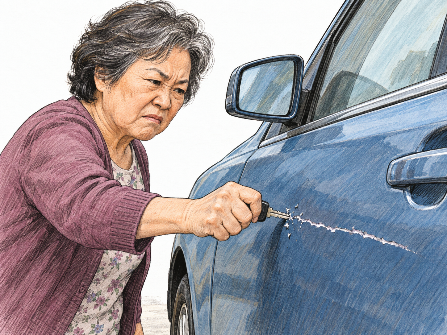 An older woman deliberately drags a key across a parked car door, leaving a conspicuous fresh gouge.