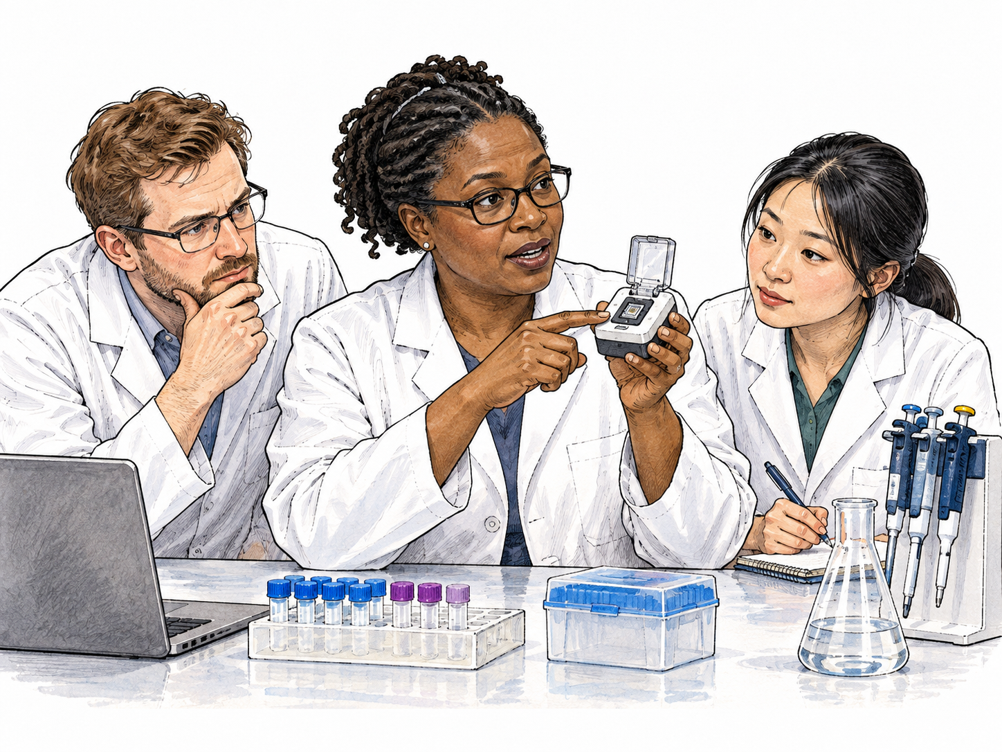 A lead scientist at the foremost laboratory bench demonstrates a new small instrument to two colleagues who follow their explanation; leadership in the field, no race finish metaphor.