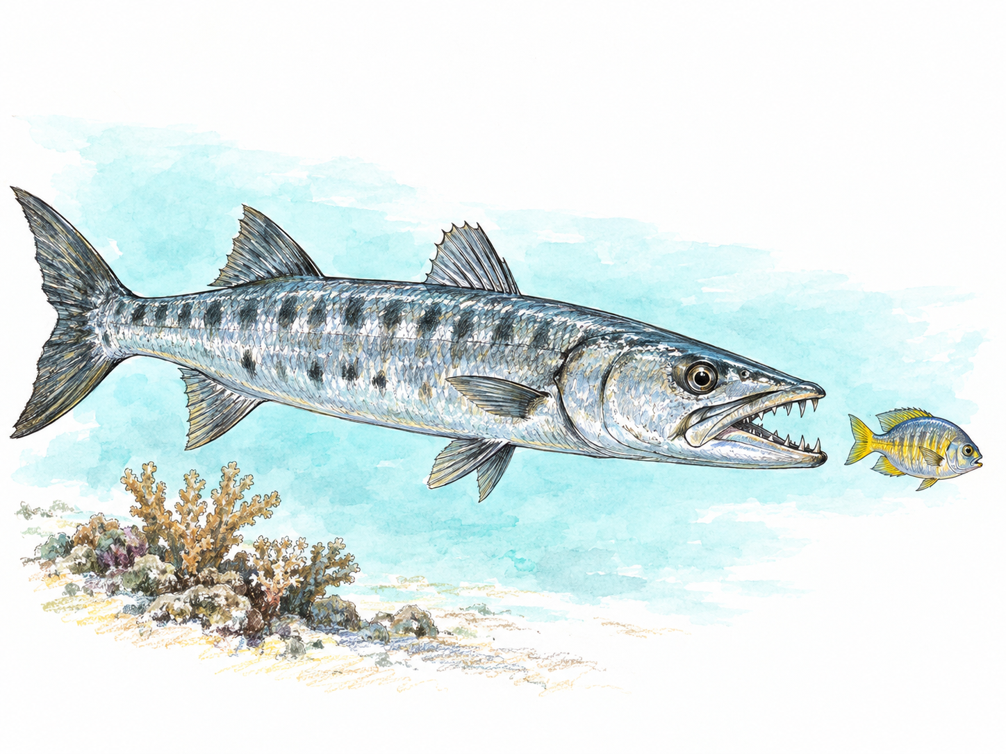 A large barracuda in side profile, its long silver body, pointed head, projecting lower jaw and exposed sharp teeth clearly visible as it pursues a small reef fish.