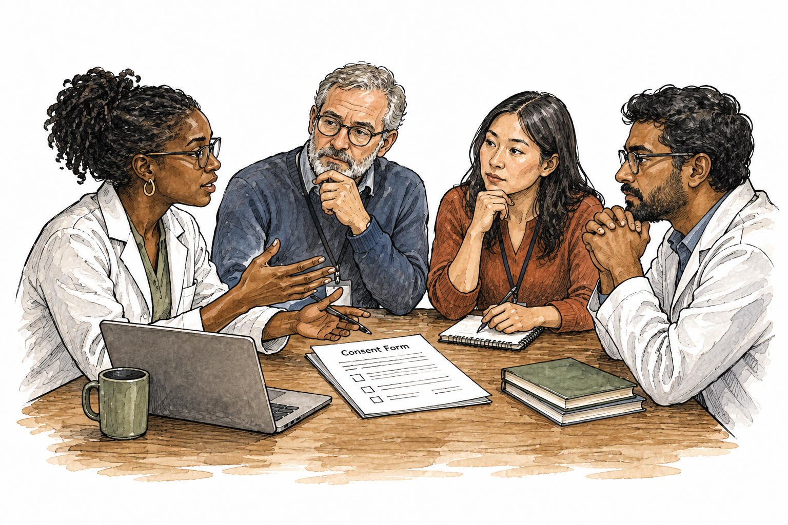 Diverse researchers discuss participant consent and privacy around a table with a simple consent form, professional ethical deliberation.