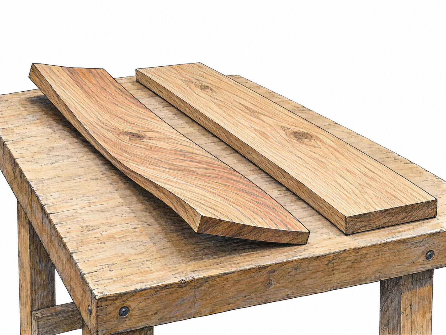A wooden board has warped into a pronounced twist, with opposite corners lifting away from a flat workbench.