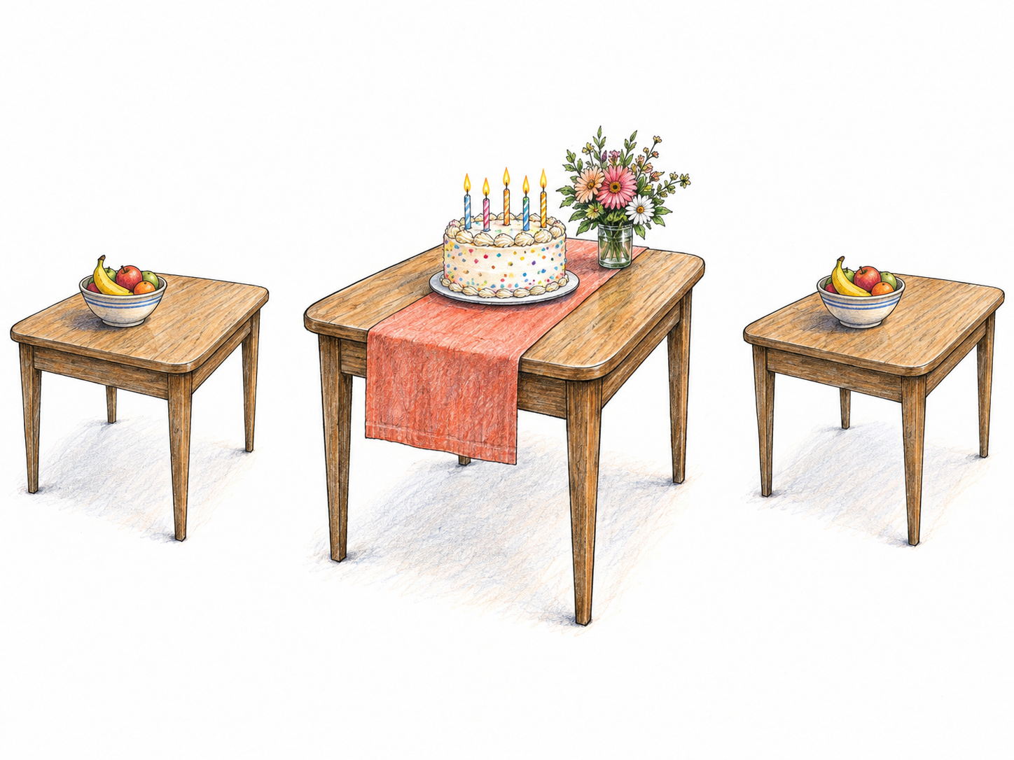 An ordinary dining table is arranged specially for a single birthday occasion, then returned to its everyday arrangement.