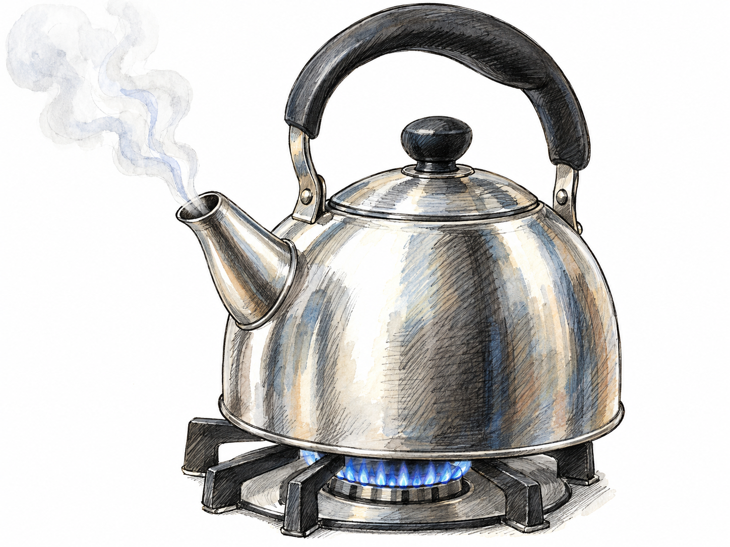 A recognizable stovetop kettle with a curved spout, fitted lid and arched handle sits on a small lit burner, with steam rising from its open spout.