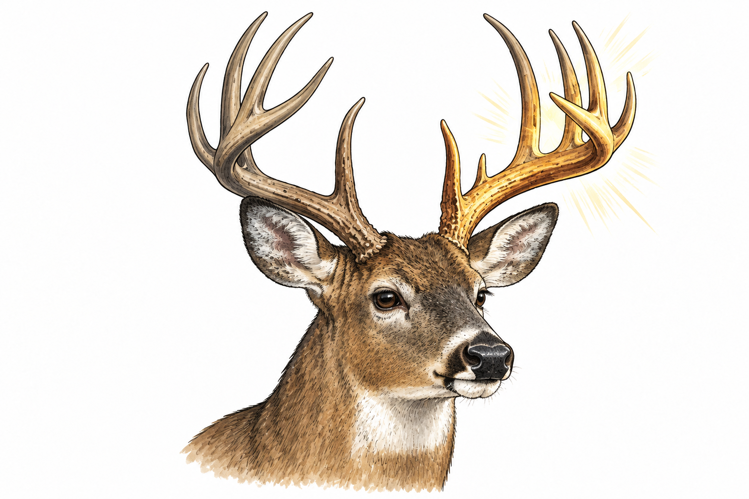 A majestic deer head with clear branching bony antlers, one antler highlighted in warm light.