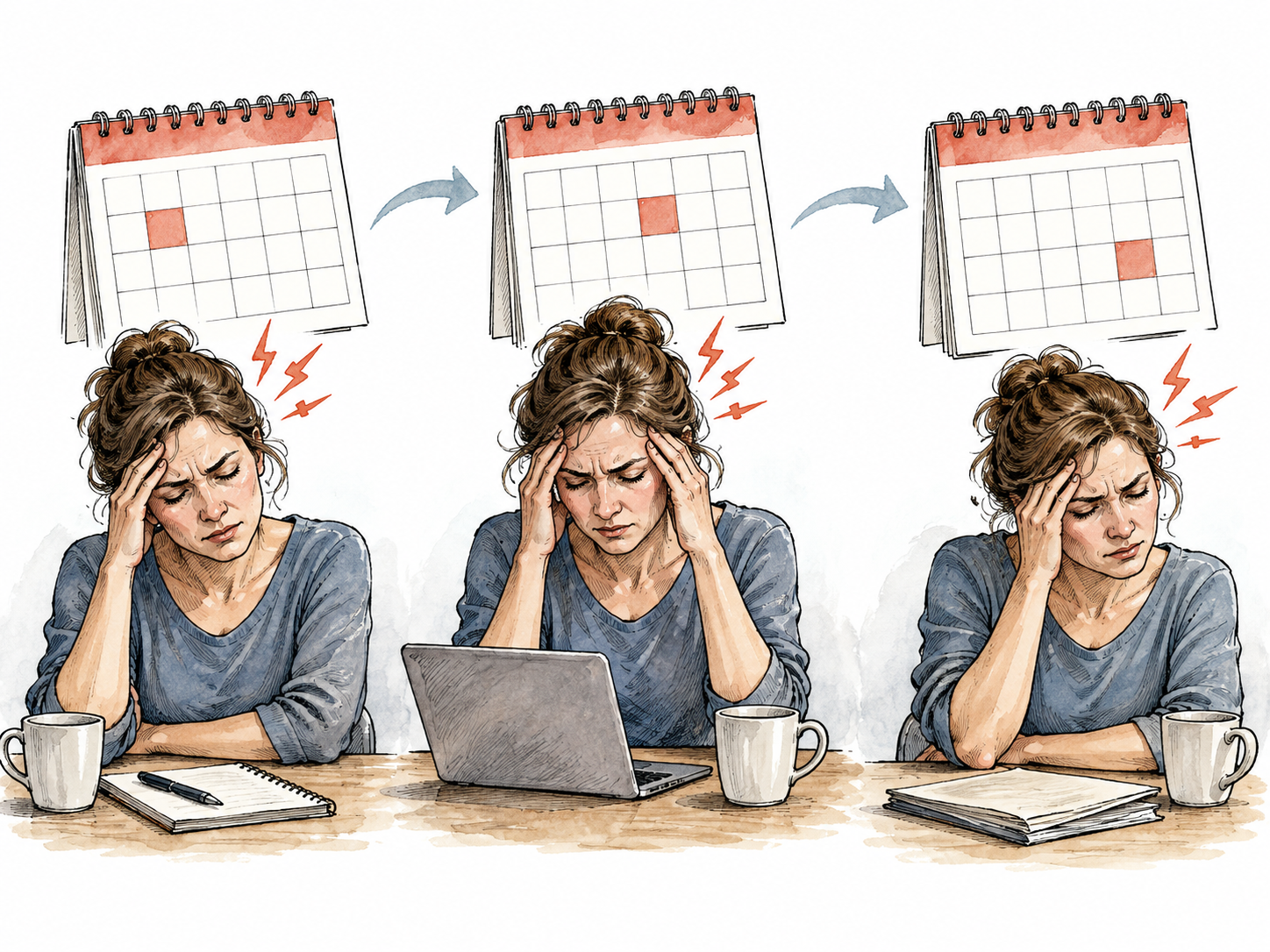 Calendar pages show the same recurring headache episode on separate dates.