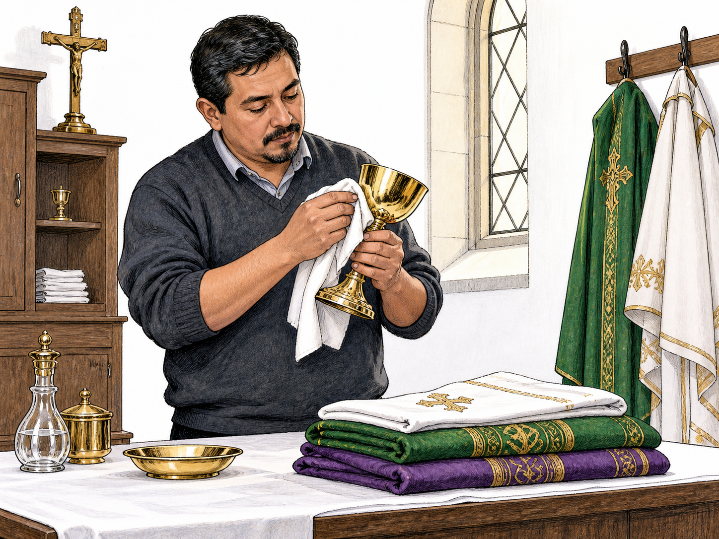 Church sacristan carefully polishes communion chalice at small side table beside neatly folded vestments, role as caretaker of sacred objects, no writing.