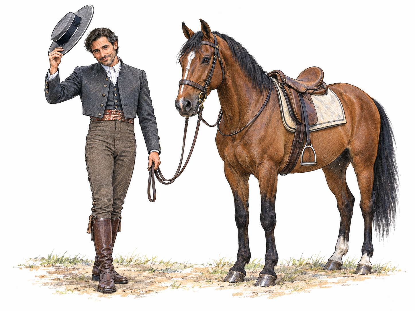 A Spanish gentleman horseman beside his saddled horse, courteously lifting his broad-brimmed riding hat in greeting.