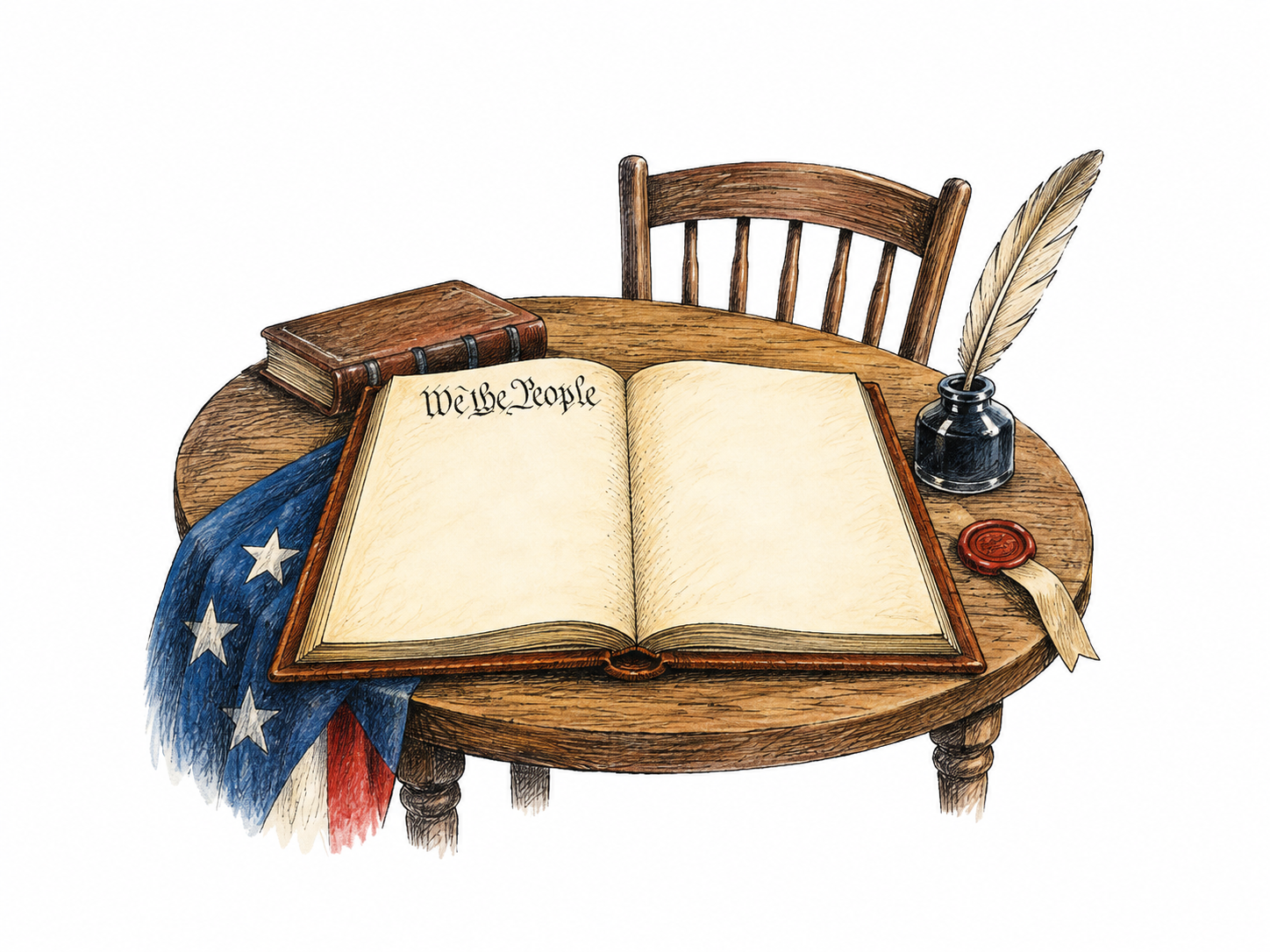 Open foundational charter on small civic meeting table carries ONLY the short functional opening We the People at top of one page; all remaining paper blank.