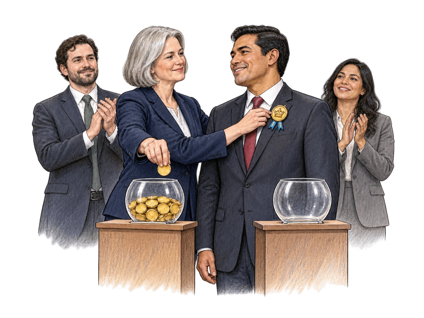 Adviser decisively places final voting token into candidate's transparent ballot bowl, making his pile exceed rival empty podium's pile; candidate receives symbolic leadership badge, no party signs or text.