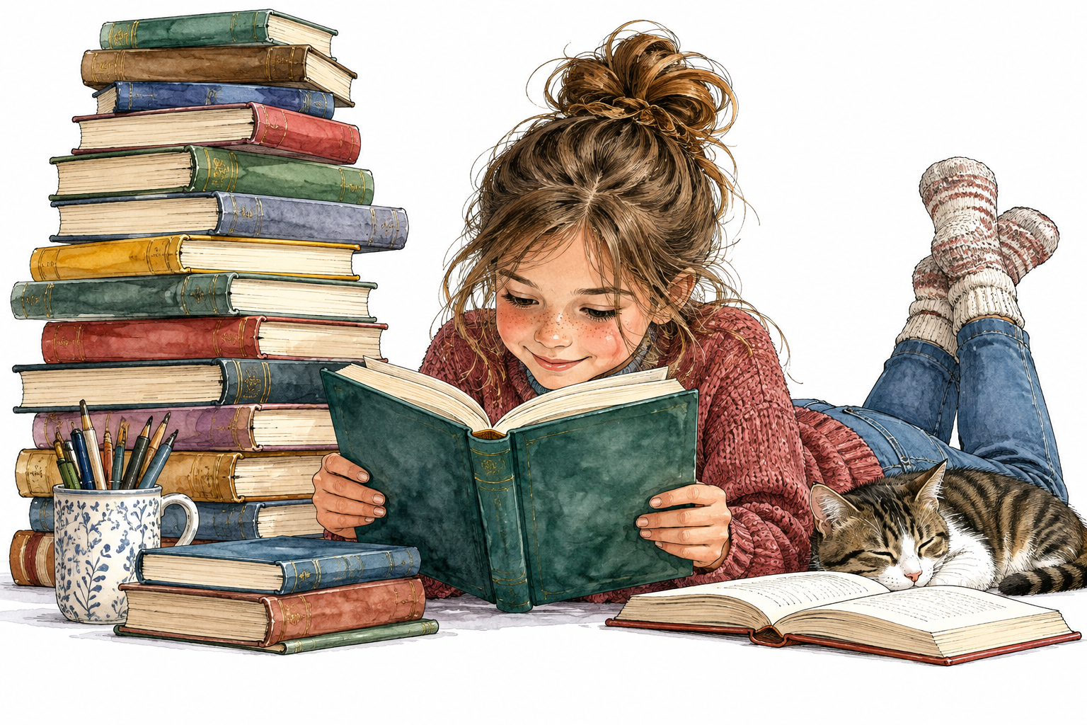 Girl eagerly reads tall stack of books, one open in hands and more waiting, voracious appetite for reading.