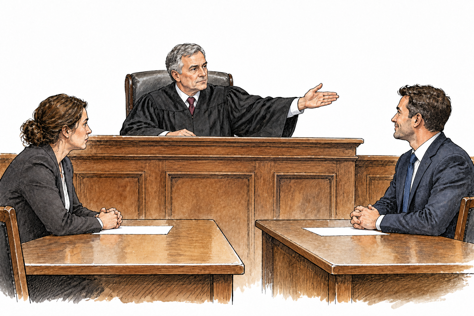 A modern judge formally indicates the successful claimant after reviewing evidence, two parties listening, blank documents and no symbols.