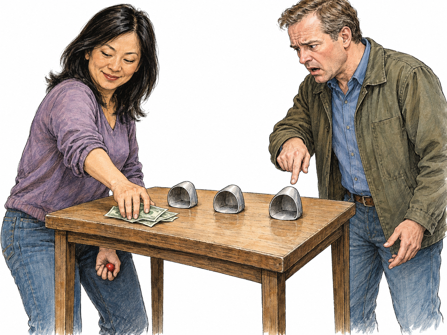 A rigged shell game: the operator secretly palms the ball while taking a customer's cash stake, leaving every cup empty.