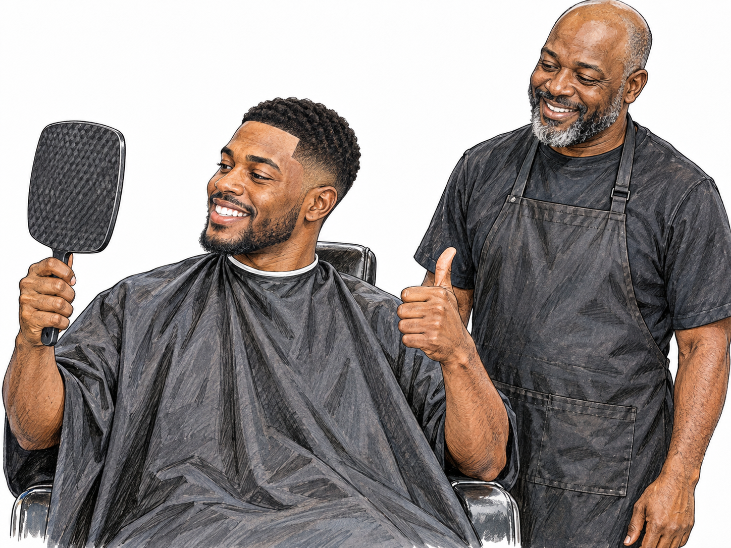 A young man cheerfully approves his fresh haircut in a handheld mirror, giving his barber an easy thumbs-up: everything looks just fine.