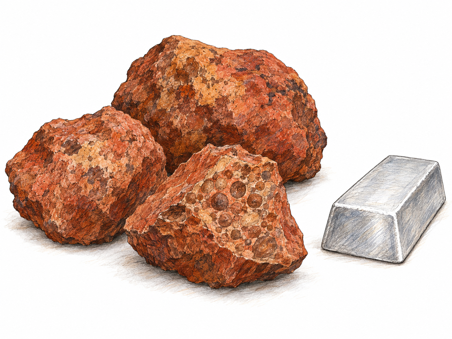 A small cluster of earthy reddish-brown bauxite specimens, including a broken face revealing rounded pea-like mineral grains, beside a single plain silvery aluminum ingot to connect the ore with the metal obtained from it.