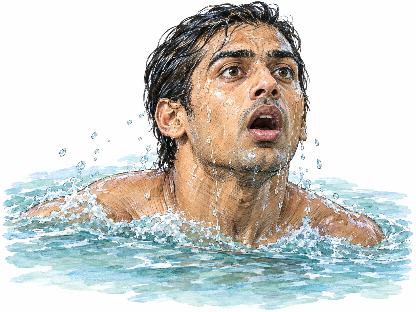 A swimmer breaks the water's surface for air, mouth suddenly open, eyes wide, shoulders lifted and water streaming from his face.