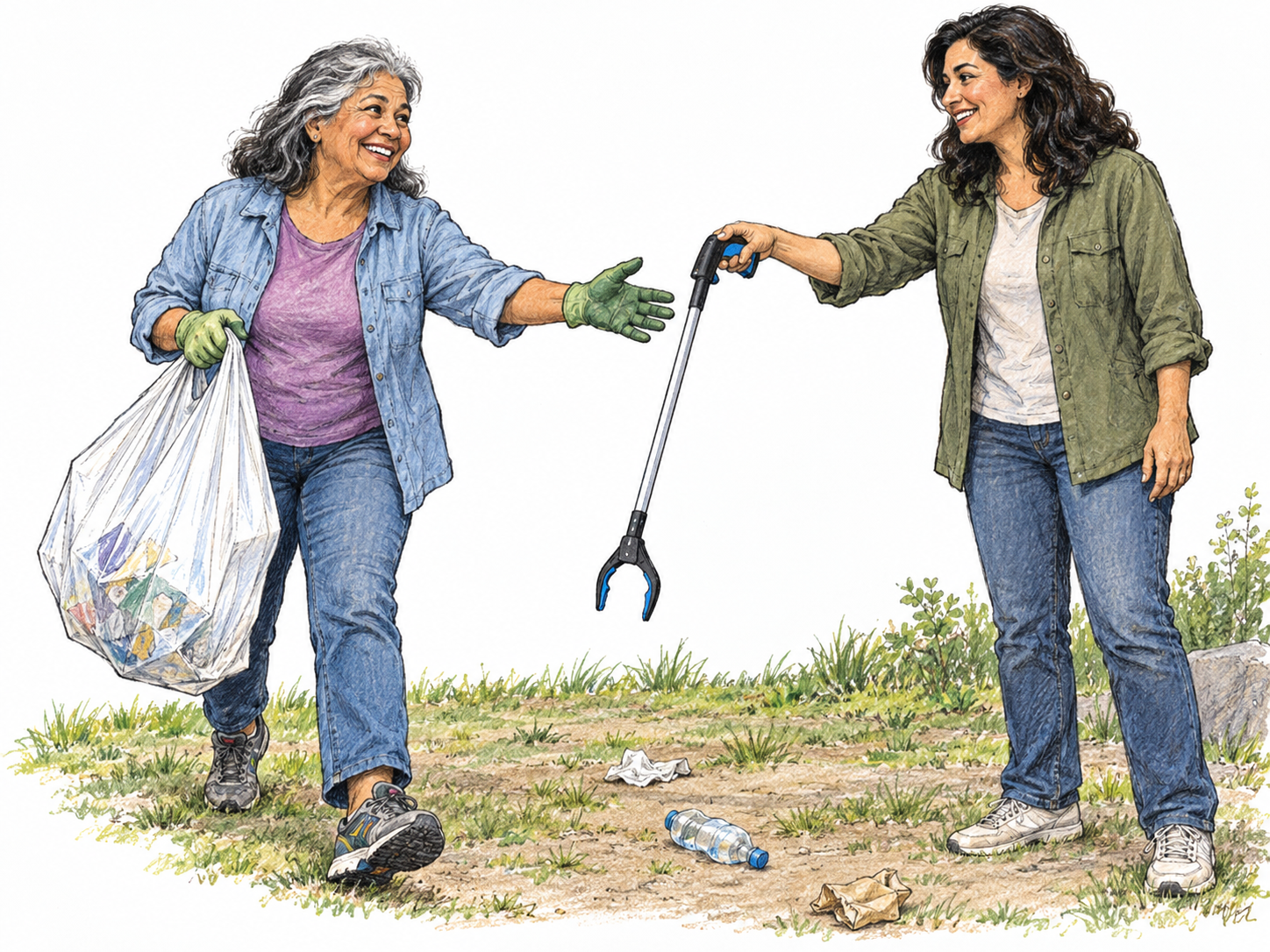 At a small litter cleanup, a smiling volunteer eagerly steps forward with an outstretched hand to accept a litter grabber, already holding an open collection sack.