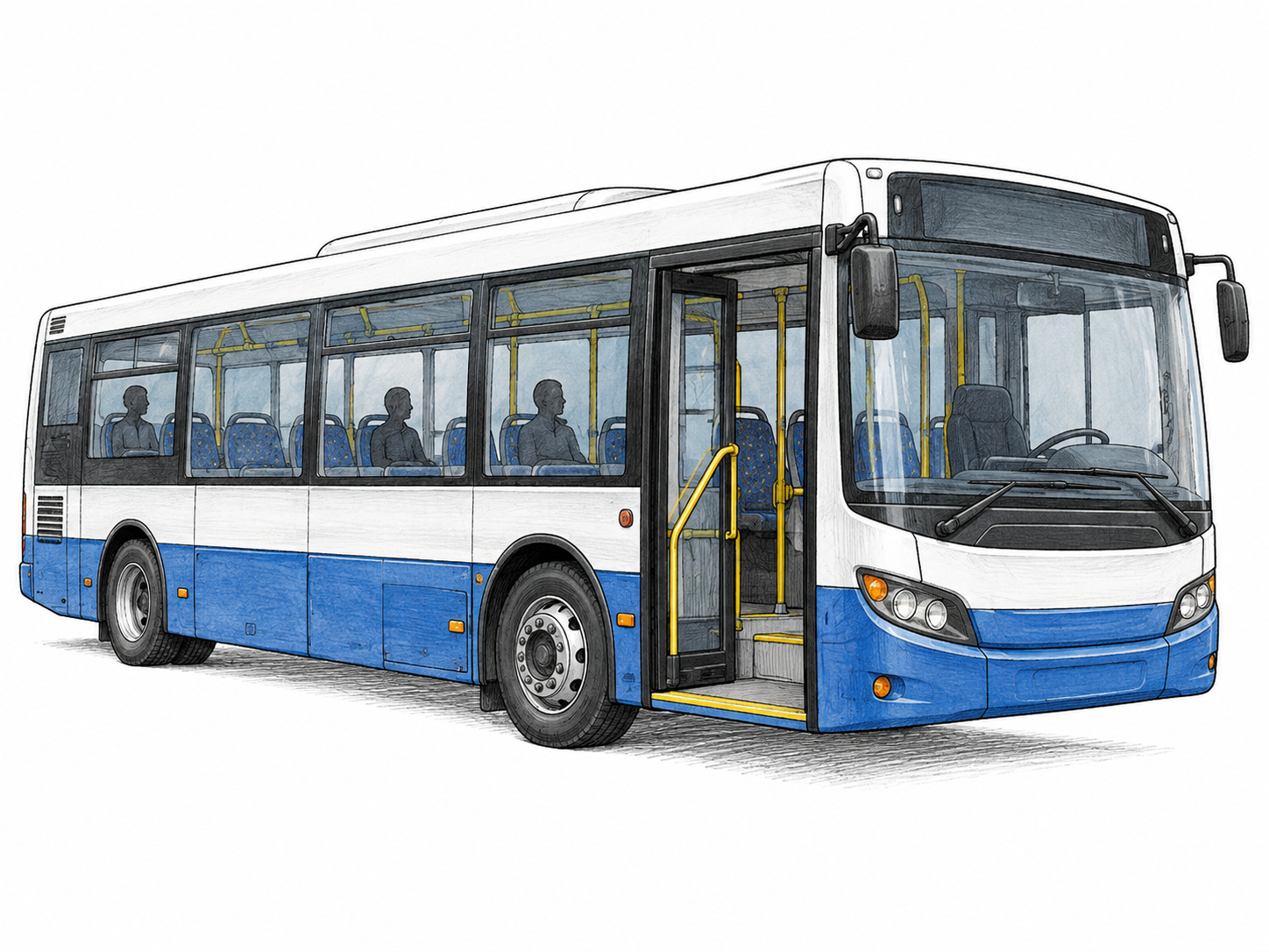 Large city bus in clean side-three-quarter view with multiple passenger windows and open boarding door, three small seated silhouettes inside; no route text, logos or city backdrop.
