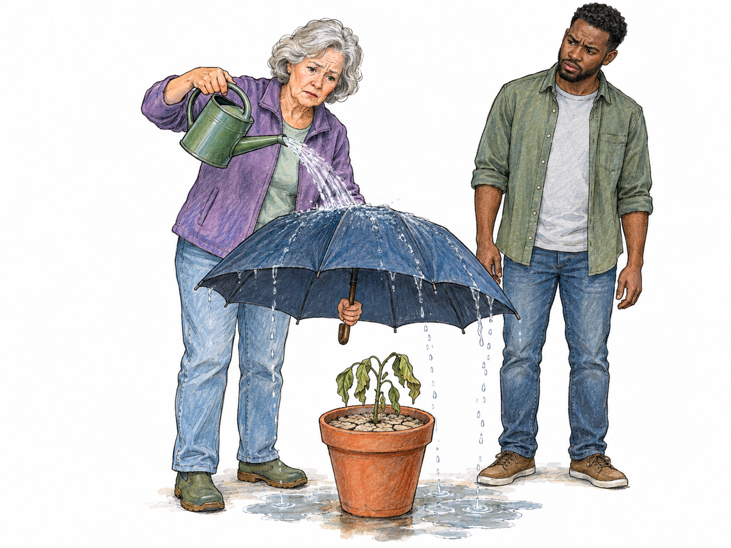 A gardener foolishly shields a wilted potted plant with an umbrella while pouring watering-can water onto the umbrella, diverting all the water away from the dry soil.
