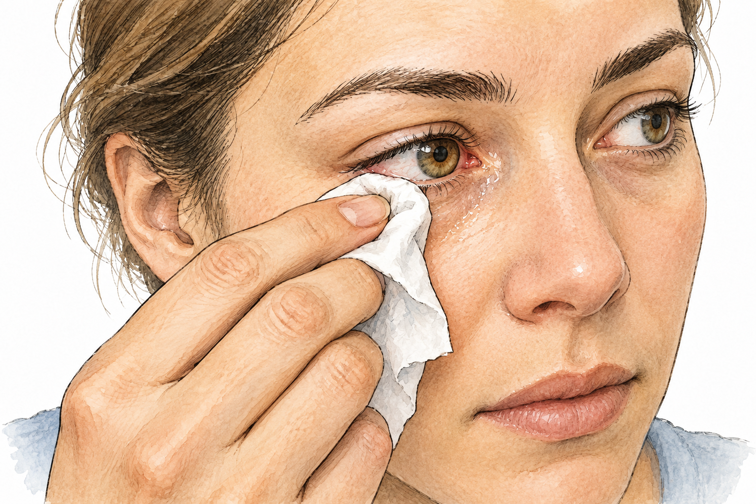Close-up of a person gently dabbing watery mucus from the corner of a mildly irritated eye with a clean tissue, non-graphic medical observation.