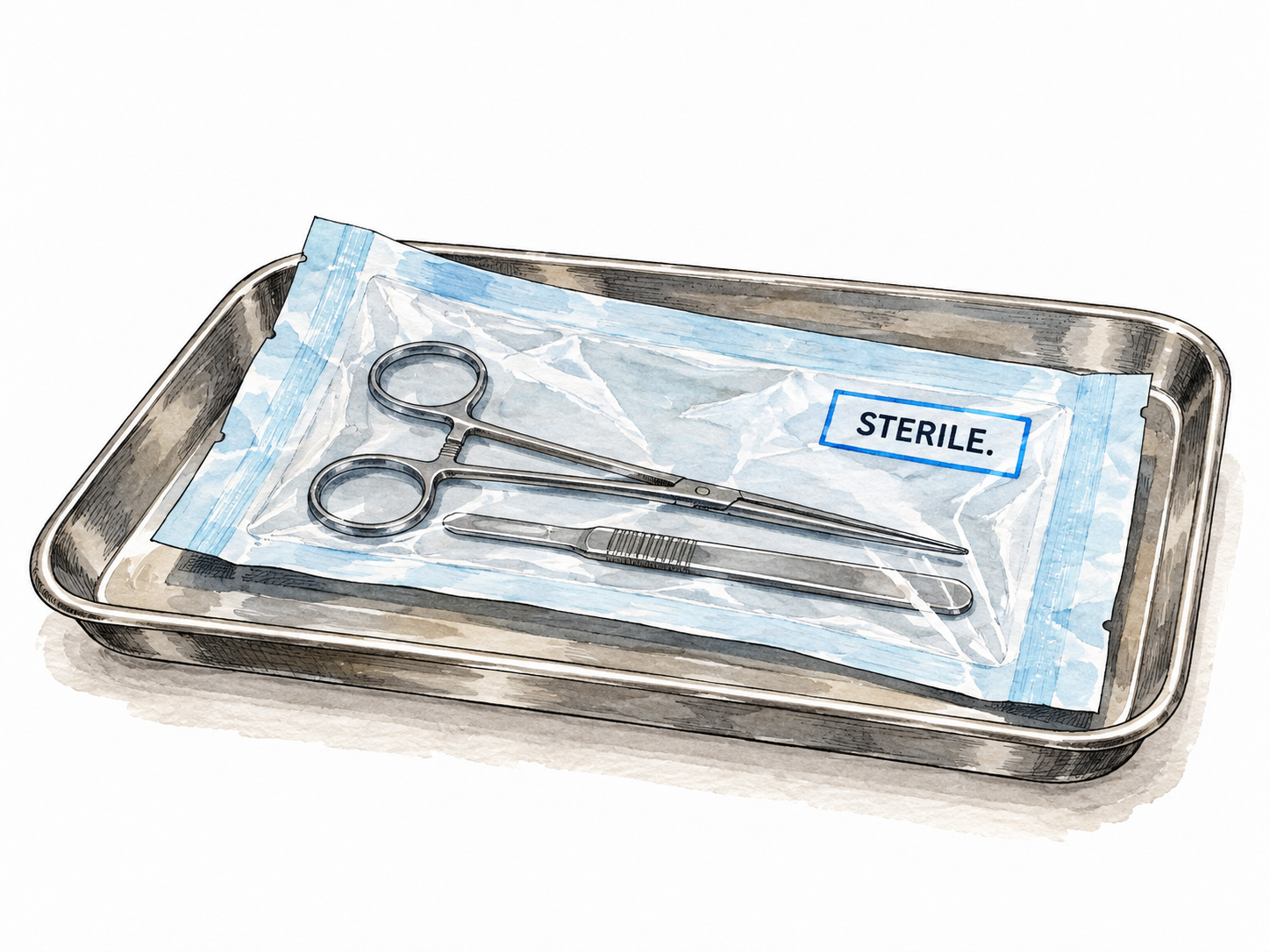 Sealed sterile surgical instrument pack on a clean medical tray, exact small label STERILE.