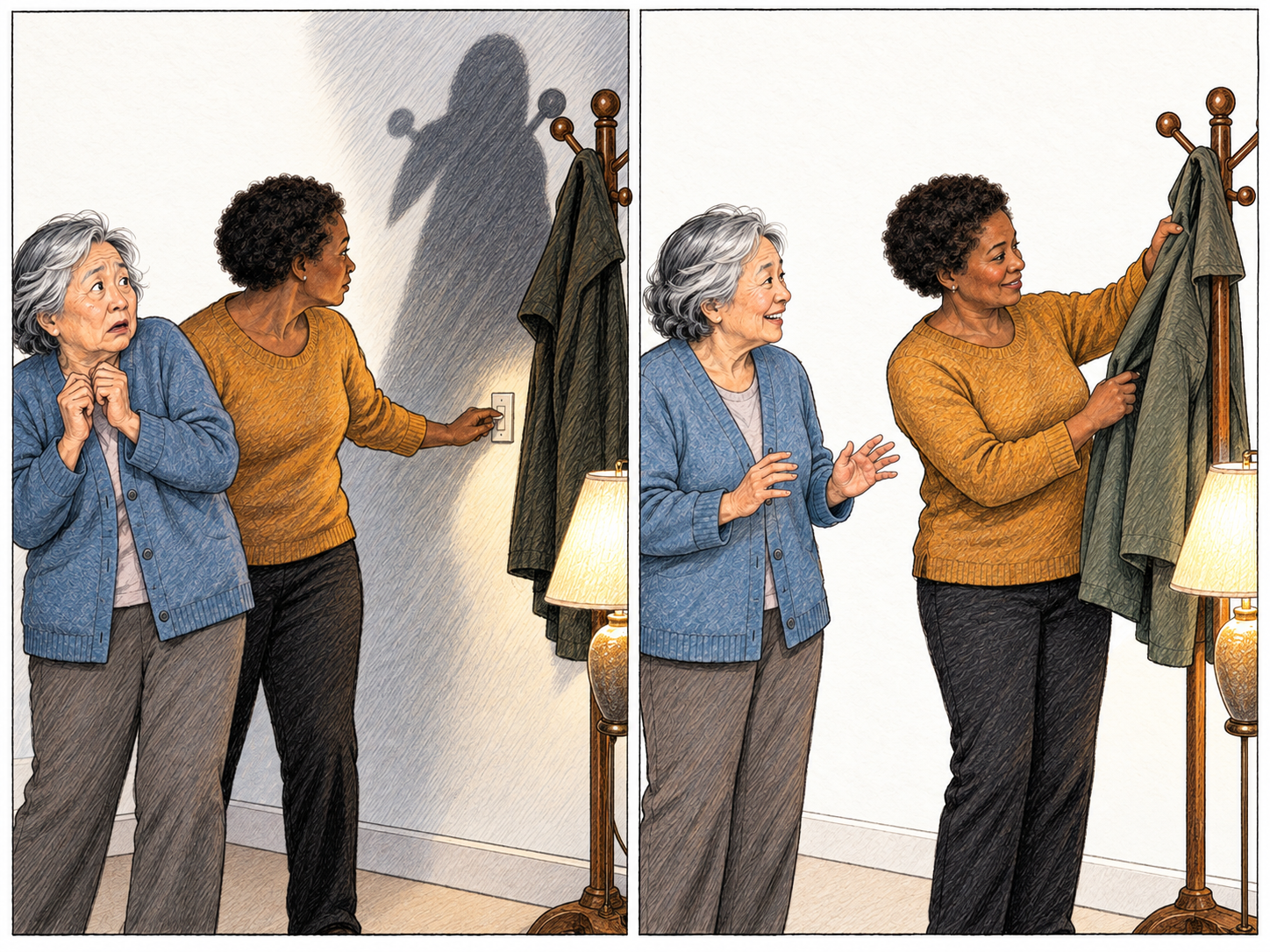 A text-free two-panel sequence: a woman fears a looming, person-like shadow; her companion turns on a light, revealing an ordinary coat on a stand, and the frightened woman visibly relaxes.