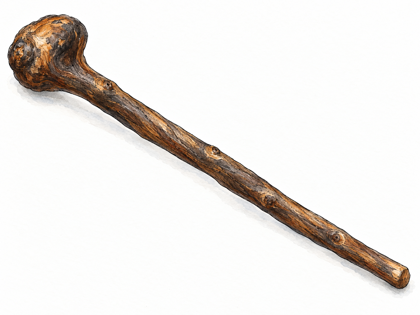 A single traditional Irish shillelagh: a stout, dark wooden walking stick with a prominent natural knob head, irregular grain and trimmed branch knots, shown fully in an uncluttered object study.