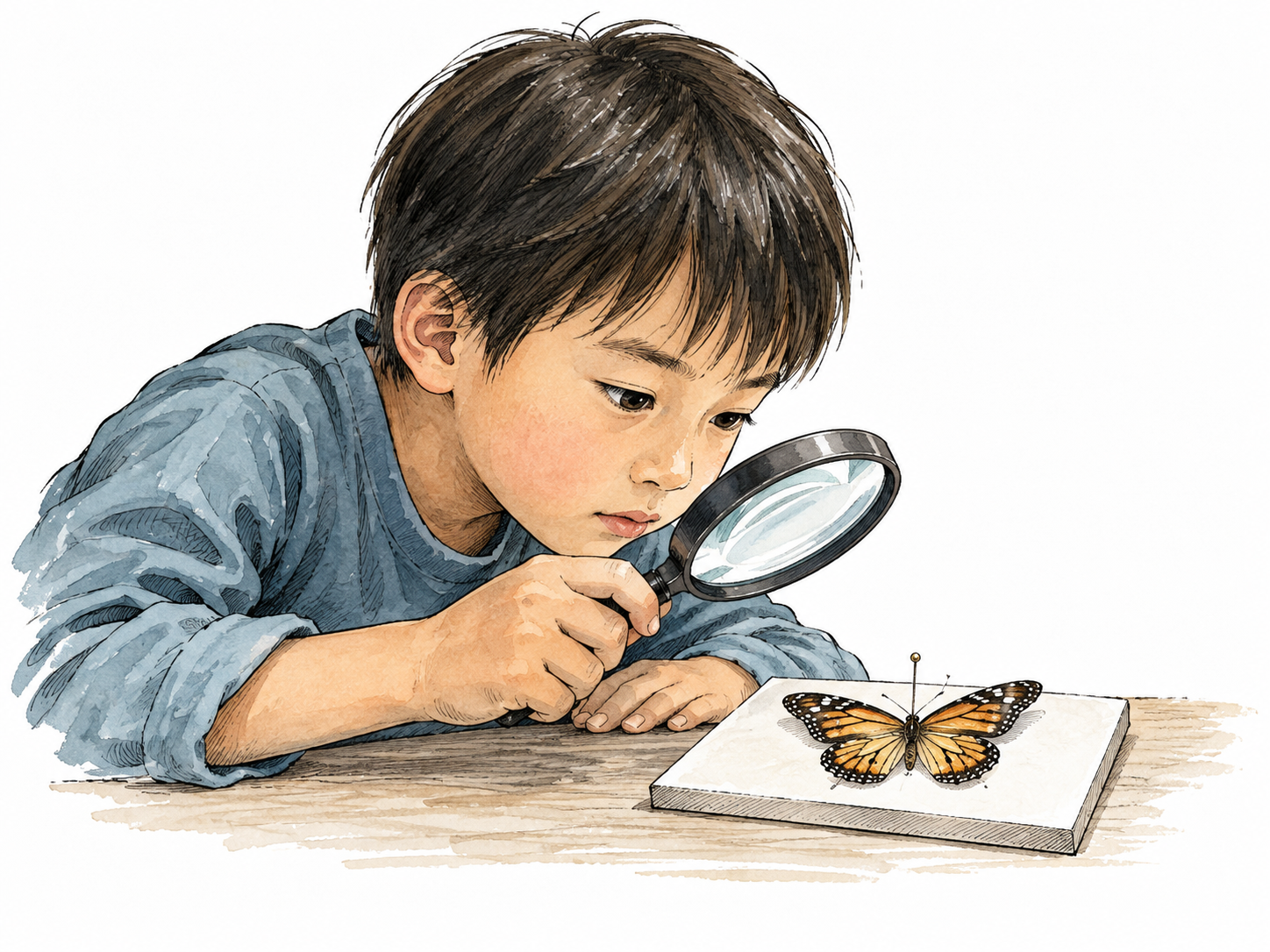 An East Asian child focuses intently on a butterfly specimen under a magnifying glass.