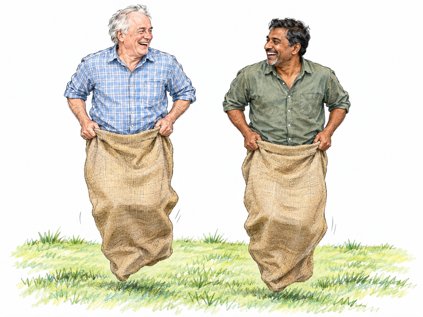 Two adult friends laughing through an impromptu sack race in a small patch of park grass, making an ordinary outing into harmless, playful fun.