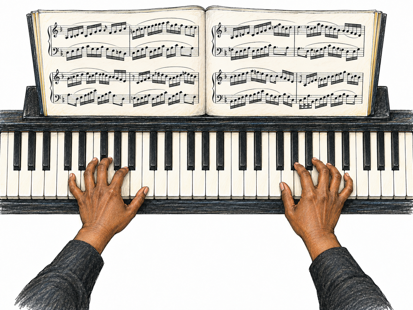 A tightly cropped overhead view of the preserved pianist playing an elaborate running passage, with a straight, unforeshortened section of piano keyboard and a prominent open score.